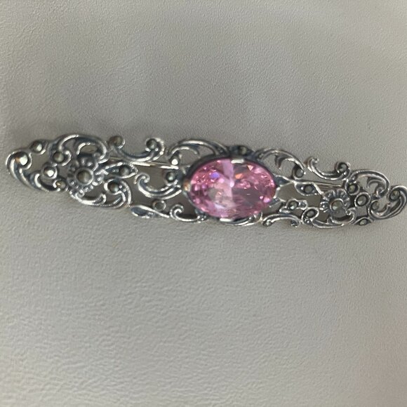 Pink stone & Marcasite 925 Sterling Silver Vintage brooch - Picture 4 of 7